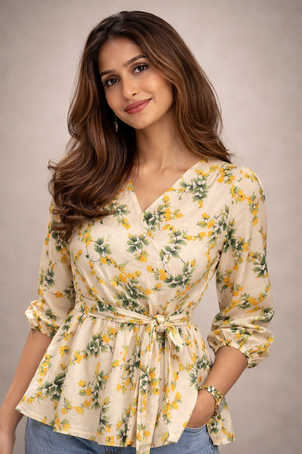 Ladies Floral Printed Crisscross Tie Front Tops -Beige