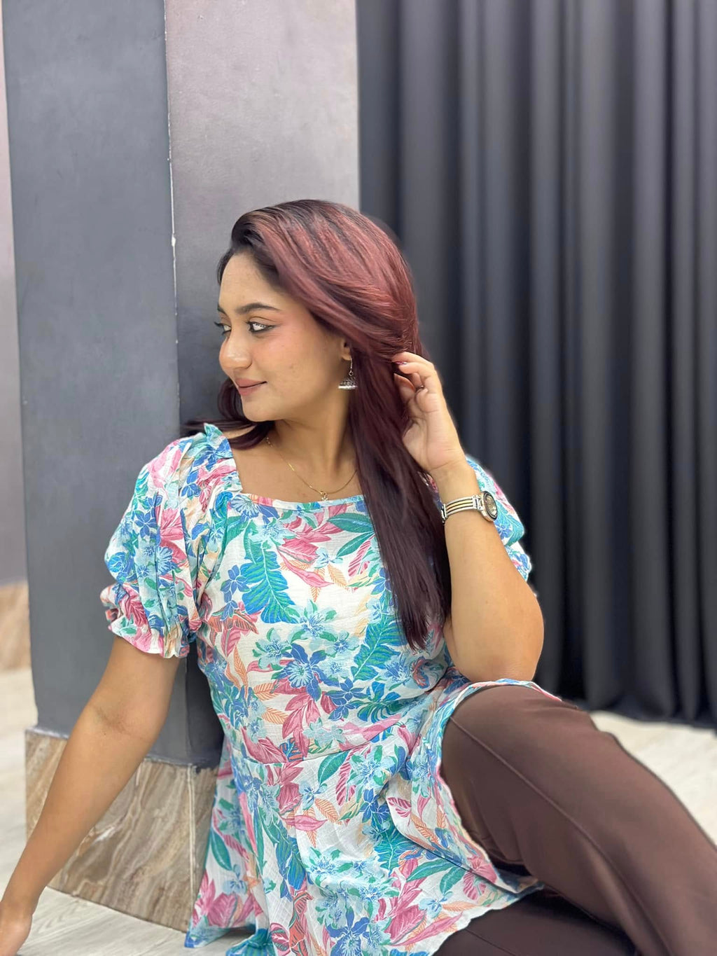 Floral Printed Square Neck Tops sky & purple