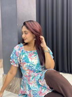 Floral Printed Square Neck Tops sky & purple