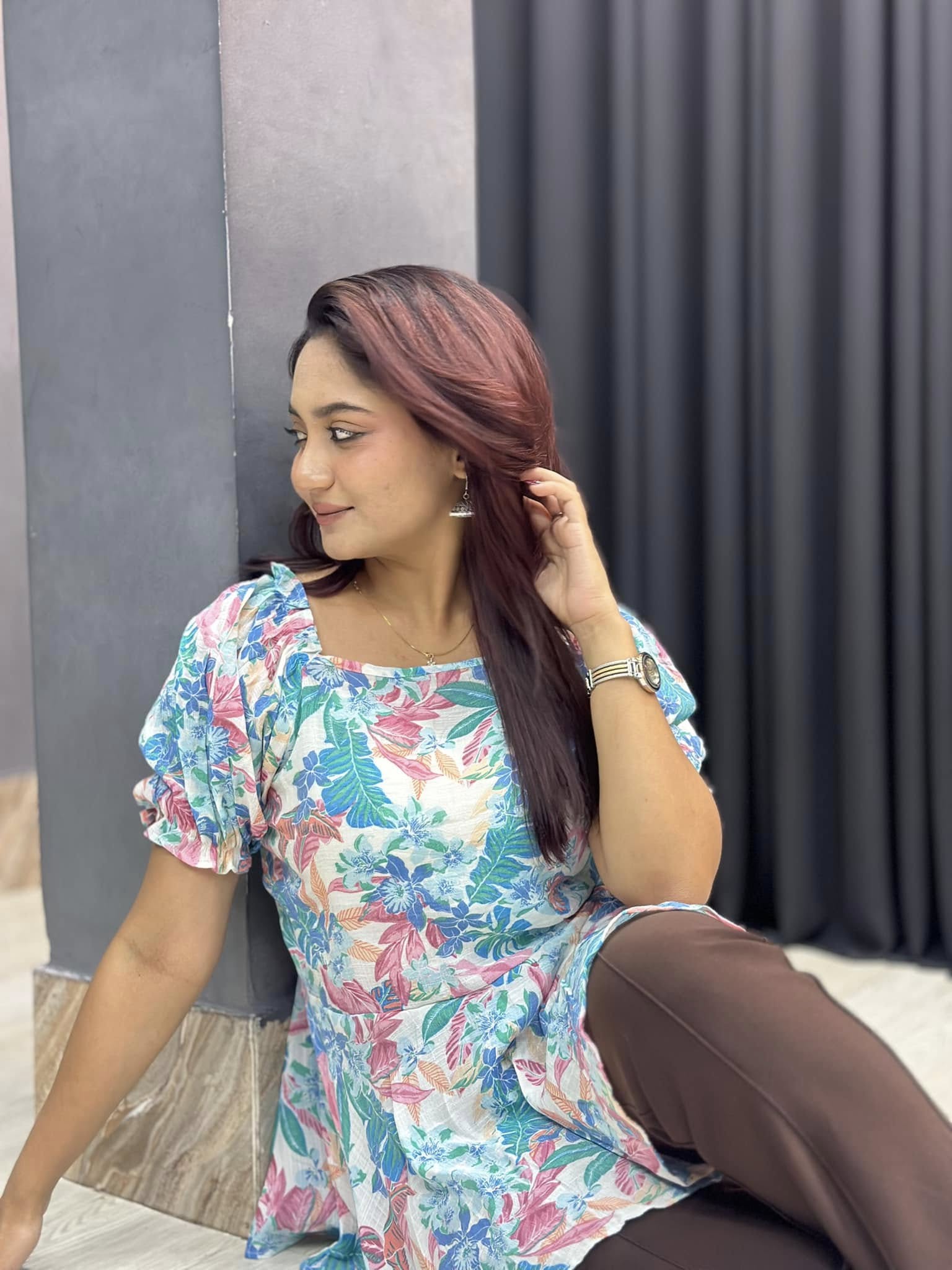 Floral Printed Square Neck Tops sky & purple