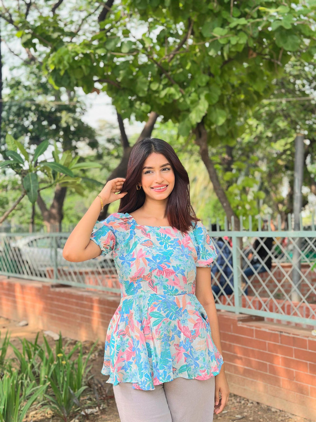 Floral Printed Square Neck Tops sky & purple