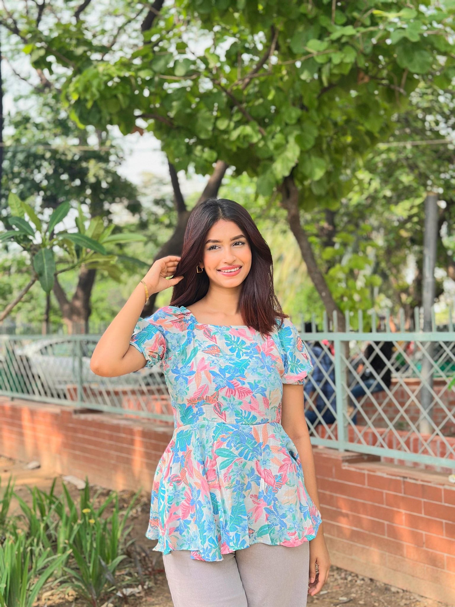 Floral Printed Square Neck Tops sky & purple
