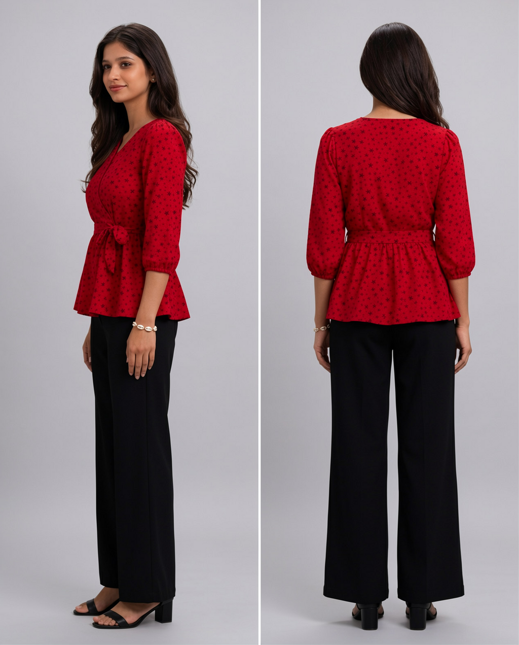 Ladies Floral Printed Crisscross Tie Front tops -Red