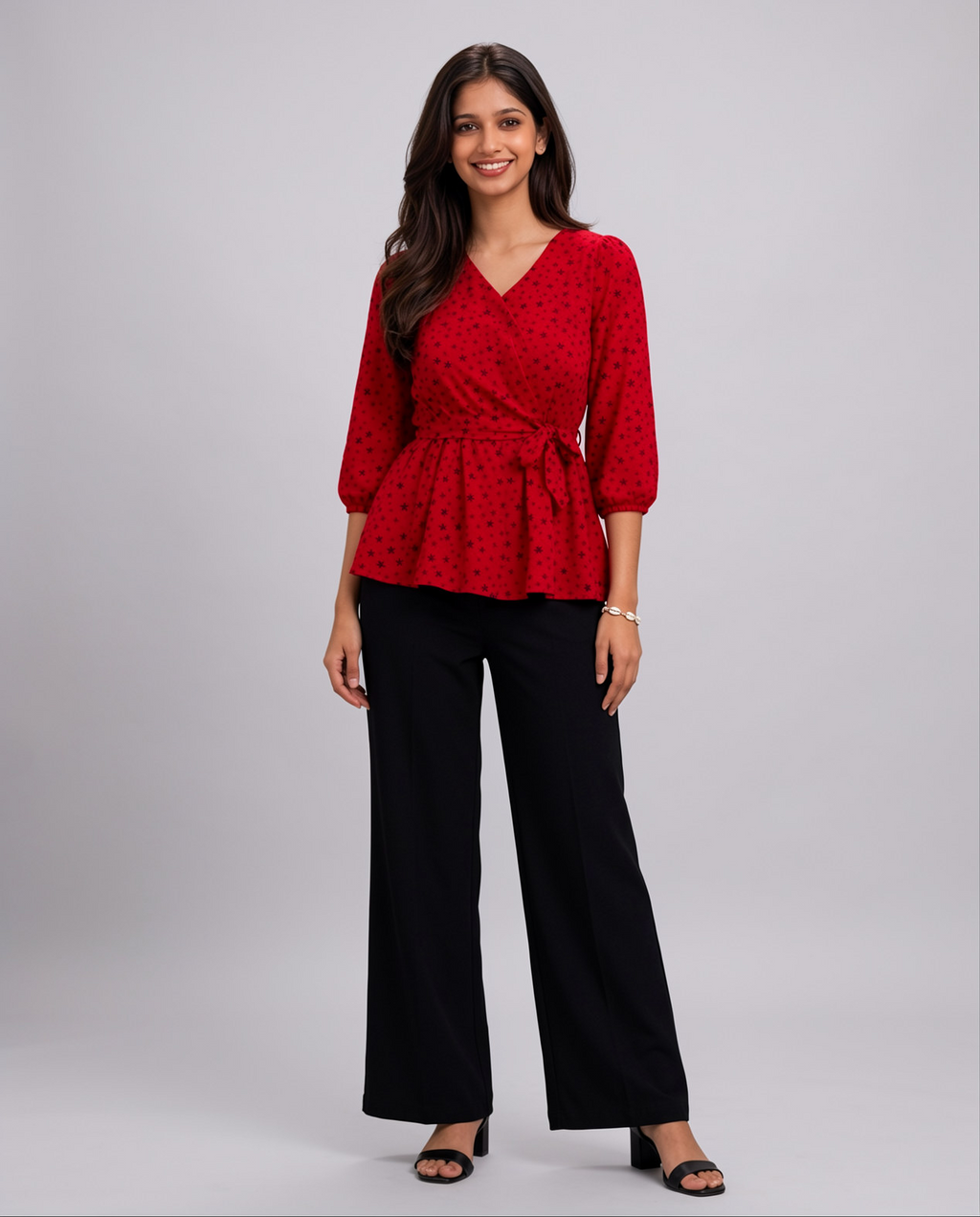 Ladies Floral Printed Crisscross Tie Front tops -Red