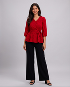 Ladies Floral Printed Crisscross Tie Front tops -Red
