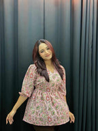 Ladies Floral Printed Crisscross Tie Front Tops- Pink Onion