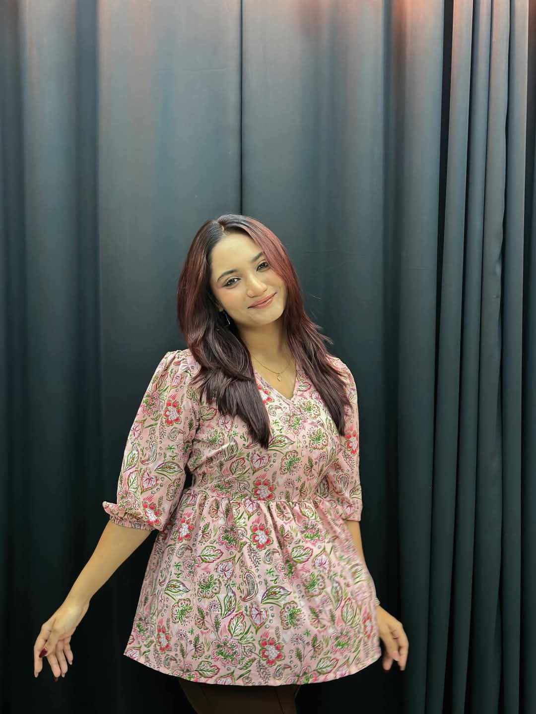 Ladies Floral Printed Crisscross Tie Front Tops- Pink Onion