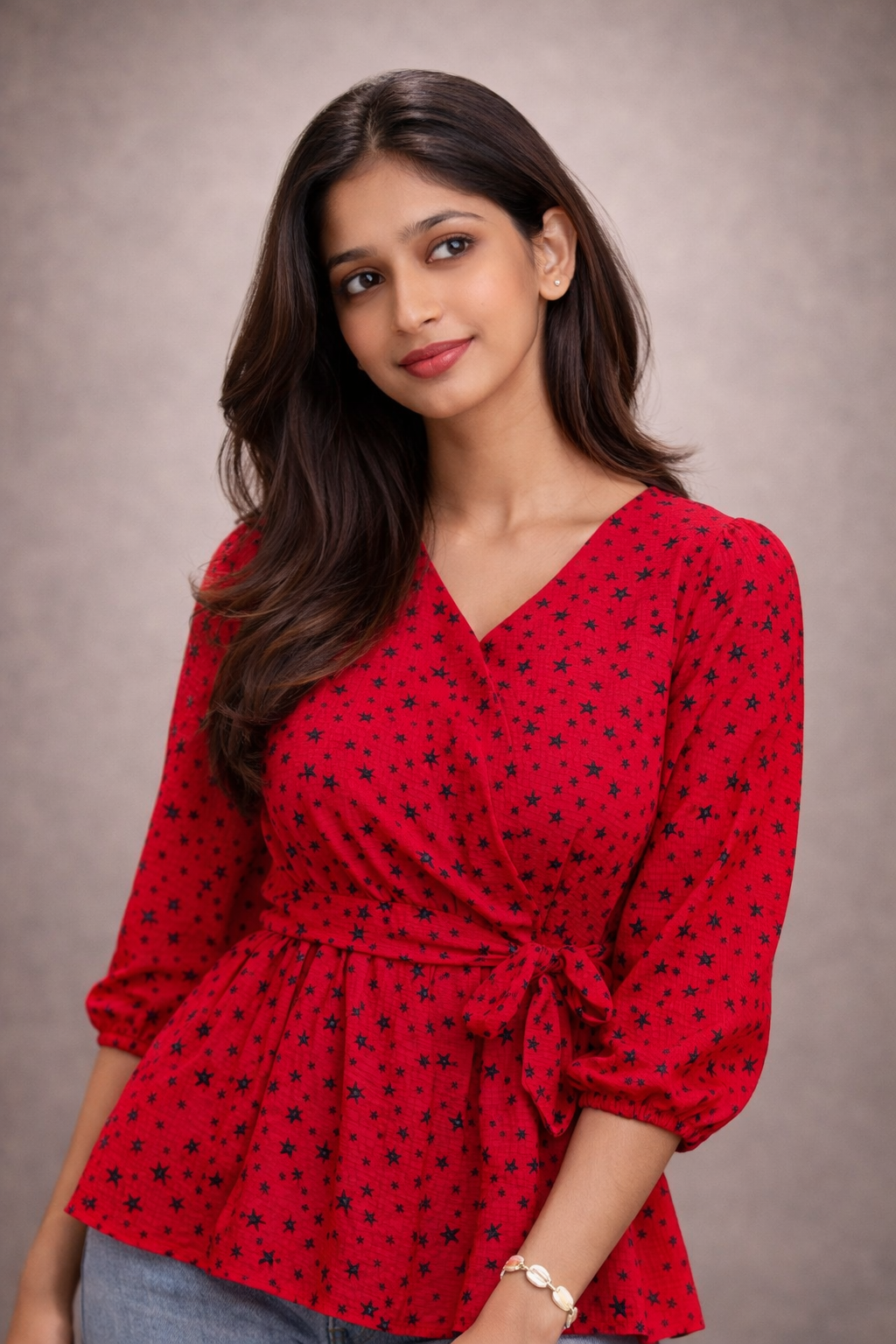 Ladies Floral Printed Crisscross Tie Front tops -Red