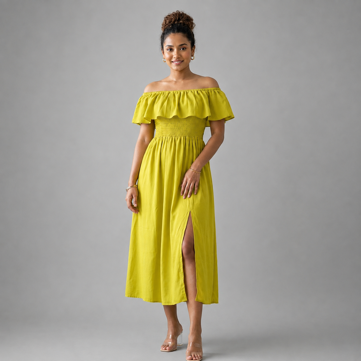 Ladies Off Shoulder Vacation Dress -Lemon