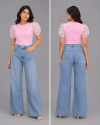 Printed Puff Sleeve T-Shirt -Pink