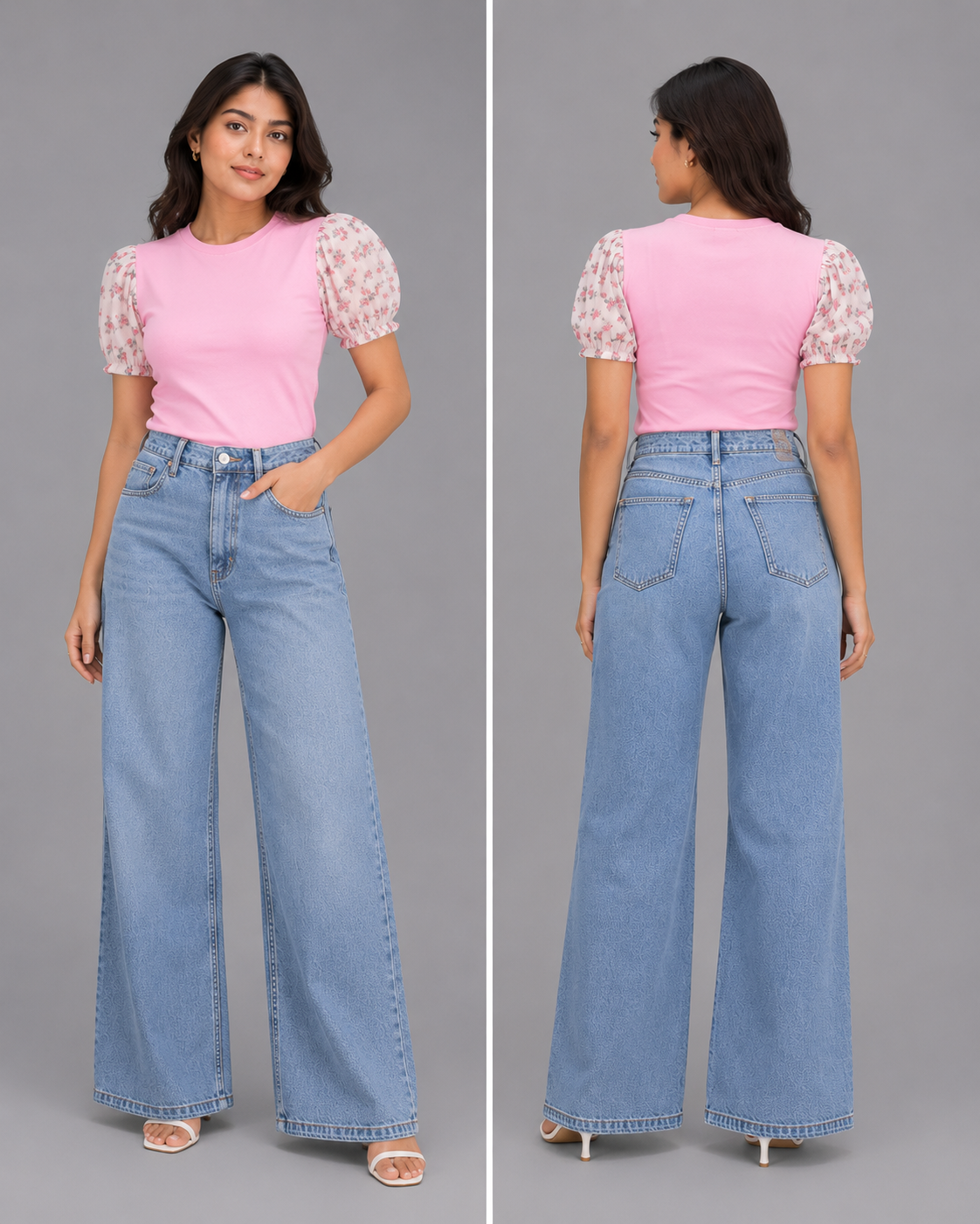 Printed Puff Sleeve T-Shirt -Pink