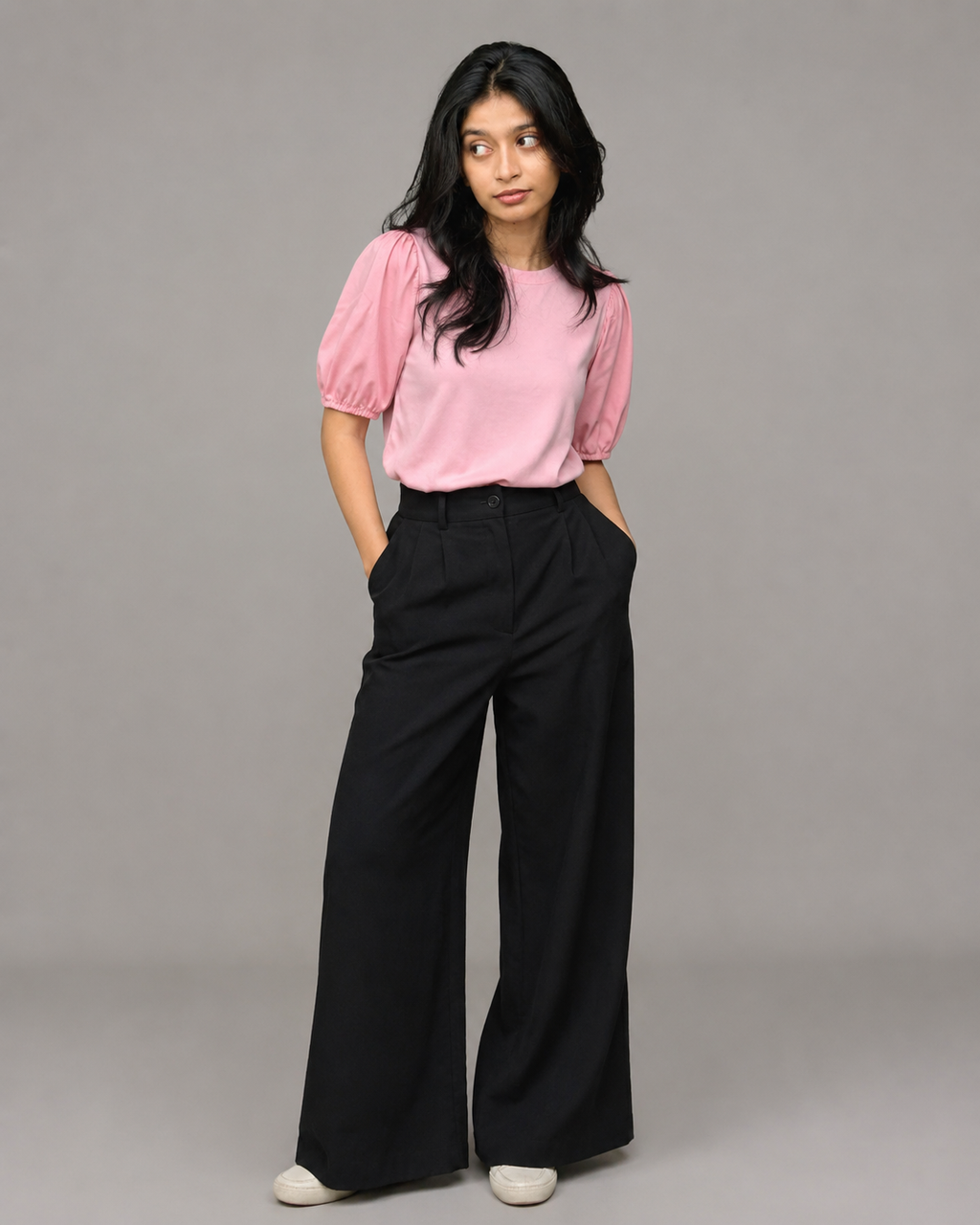 Woven Puff Sleeve T-Shirt - Pink