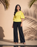 Waist Gathered Flutter Sleeve Tops -Light Yellow