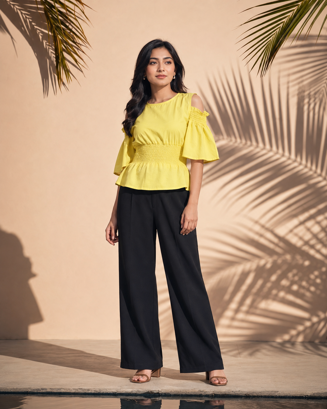 Waist Gathered Flutter Sleeve Tops -Light Yellow