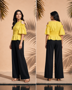 Waist Gathered Flutter Sleeve Tops -Light Yellow