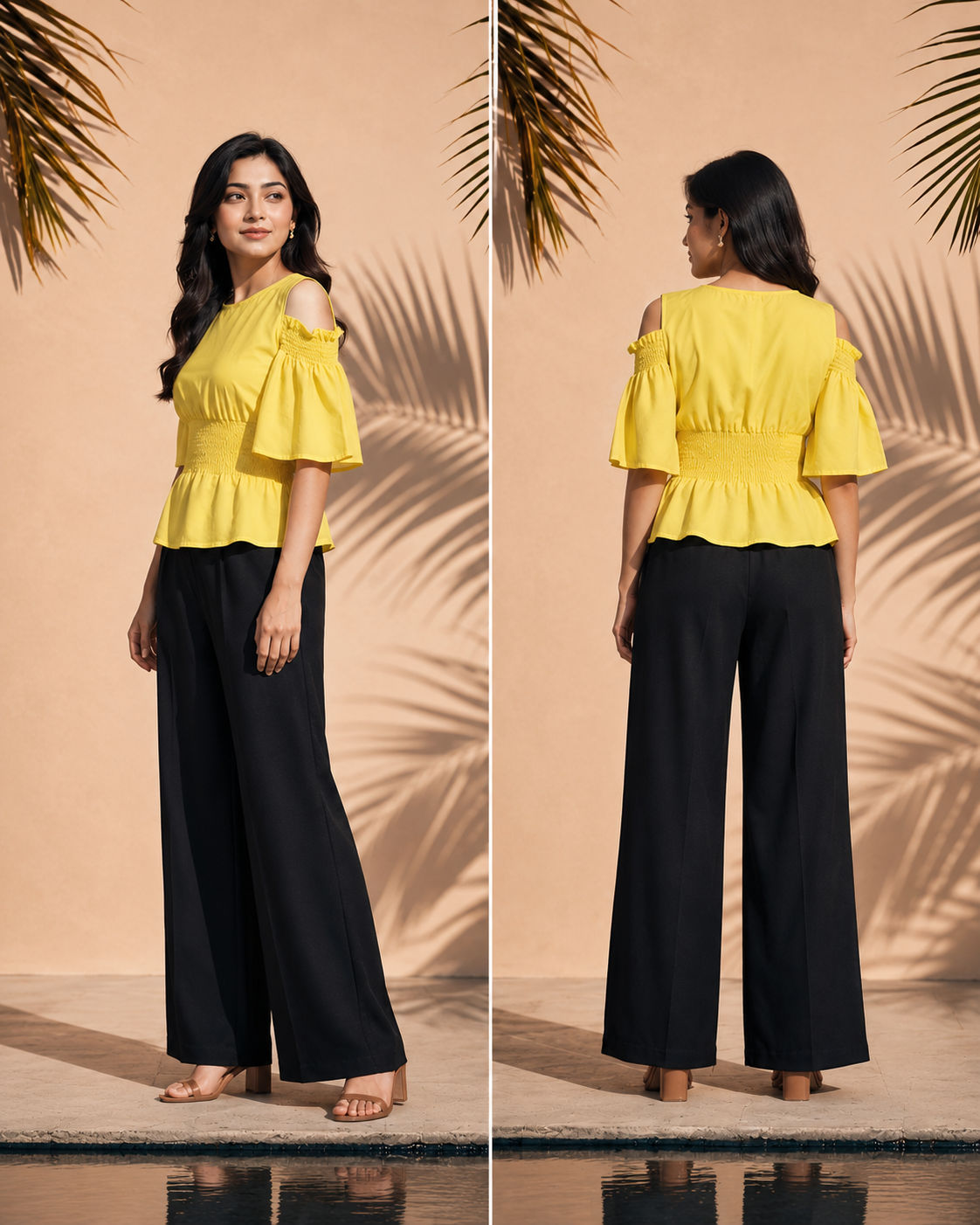 Waist Gathered Flutter Sleeve Tops -Light Yellow