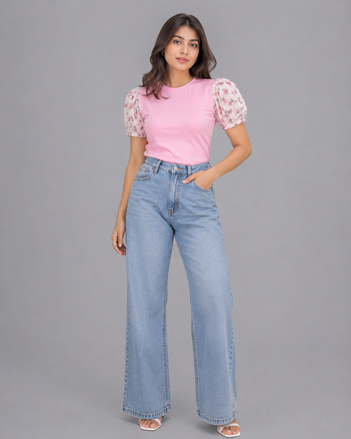 Printed Puff Sleeve T-Shirt -Pink