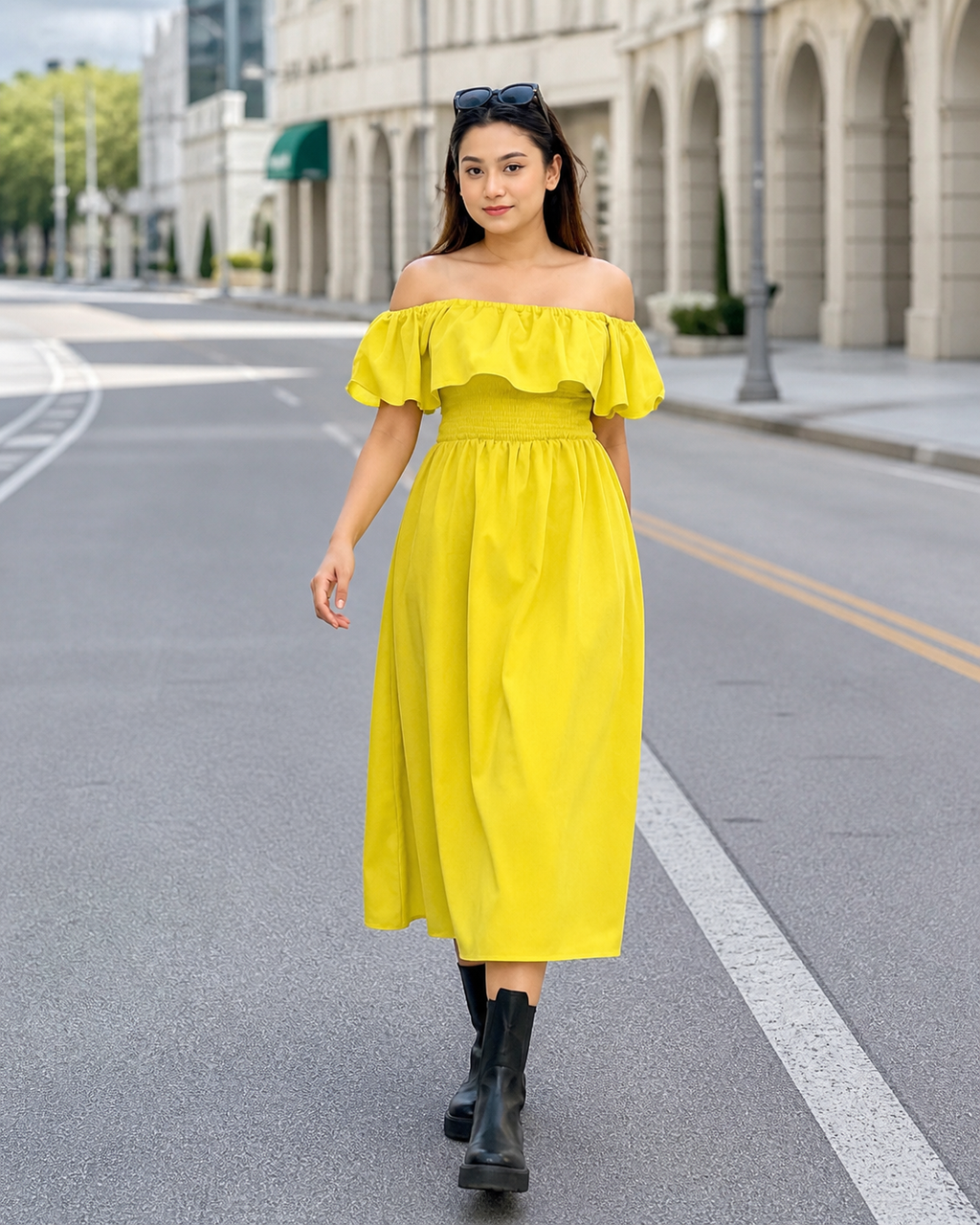 Ladies Off Shoulder Party Dress -Lemon