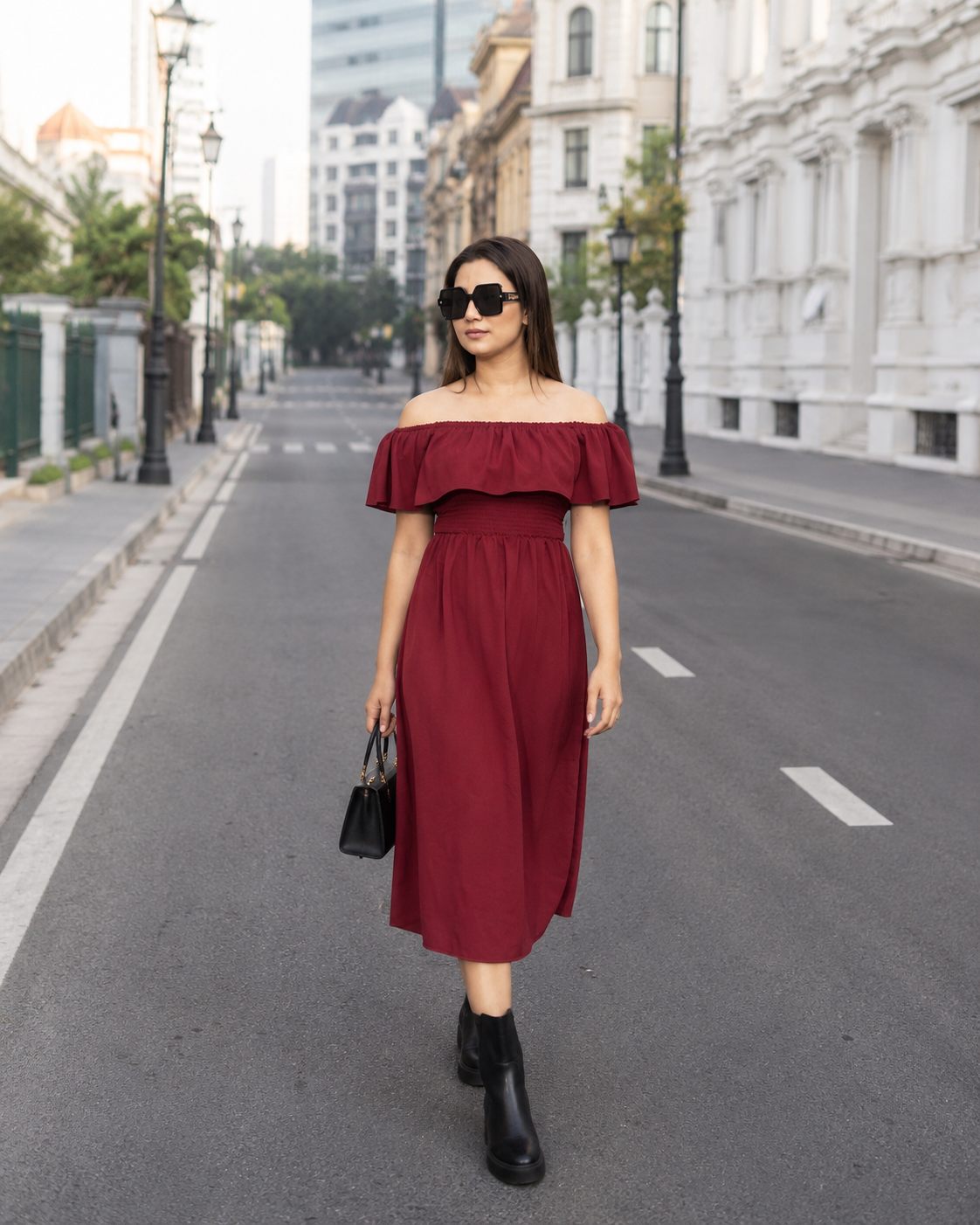 Ladies Off Shoulder Party Dress -Maroon