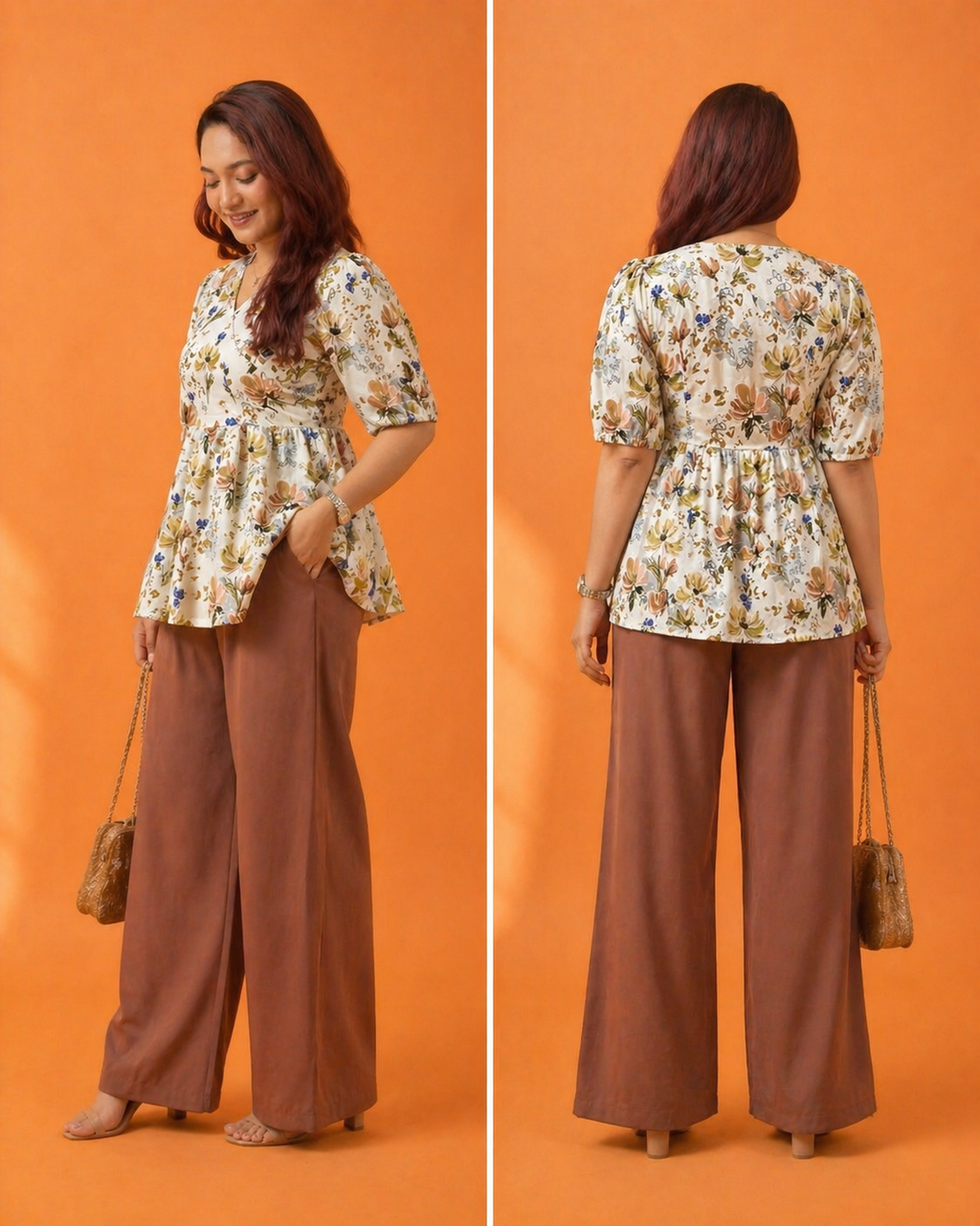 Floral Printed Crisscross Tie Front tops -Cream