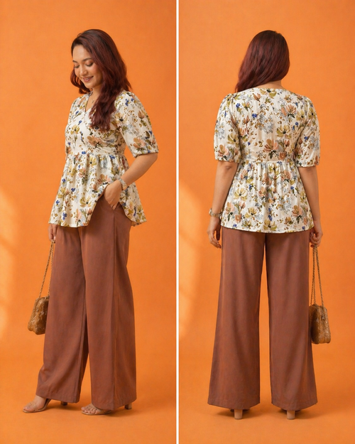 Floral Printed Crisscross Tie Front tops -Cream