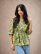 Floral Printed Crisscross Tie Front Tops -Olive