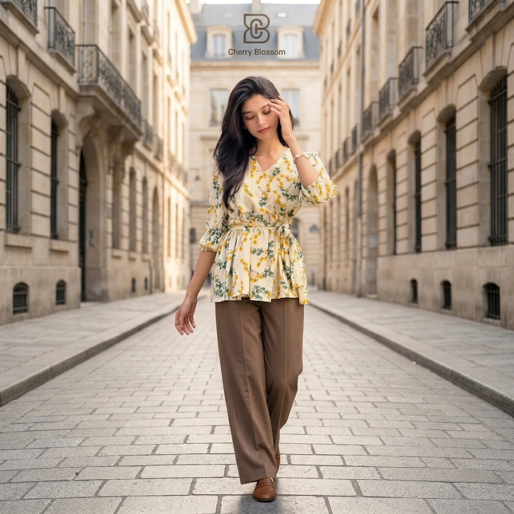 Ladies Floral Printed Crisscross Tie Front Tops -Beige