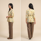 Ladies Floral Printed Crisscross Tie Front Tops -Beige