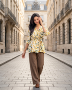 Ladies Floral Printed Crisscross Tie Front Tops -Beige