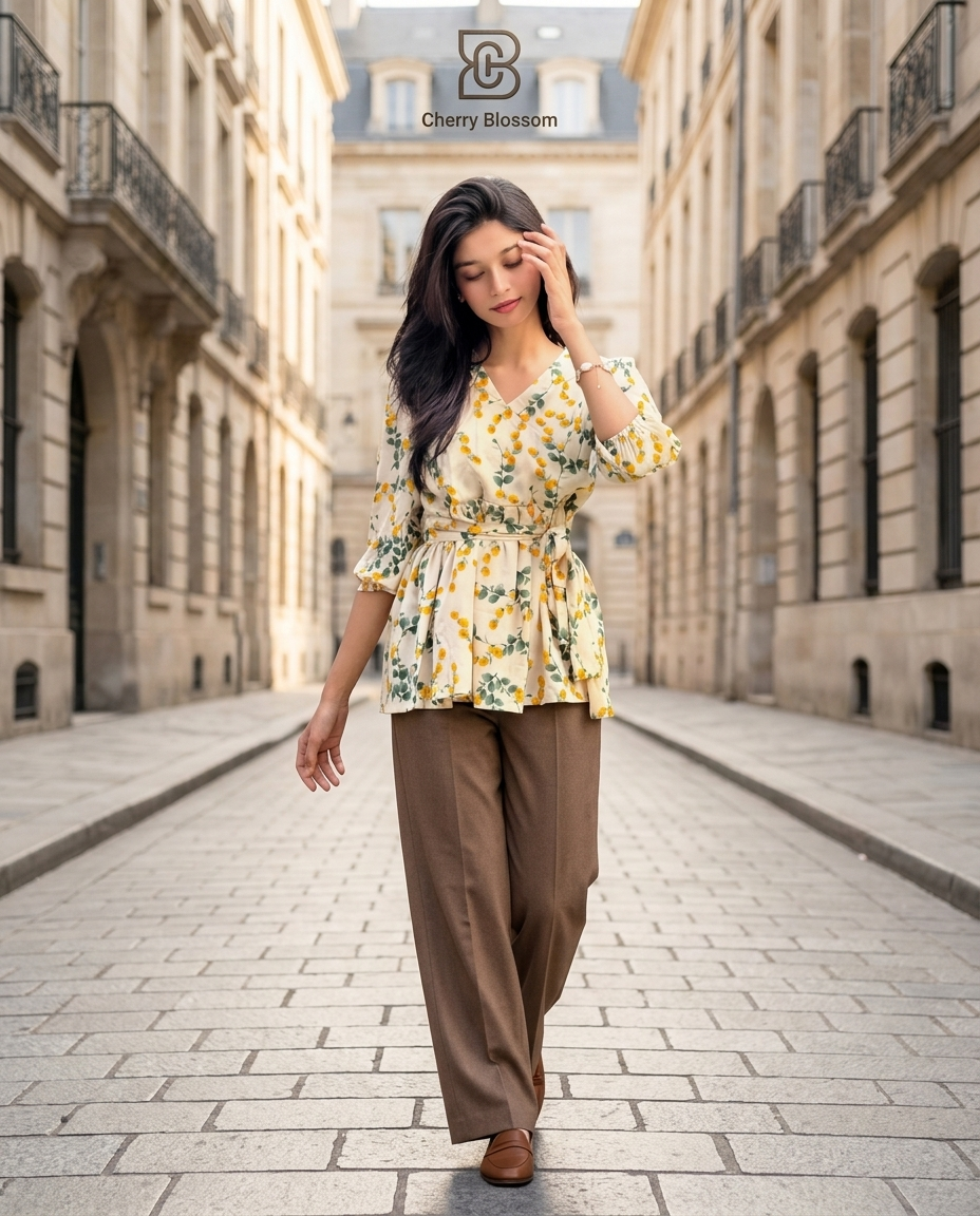 Ladies Floral Printed Crisscross Tie Front Tops -Beige