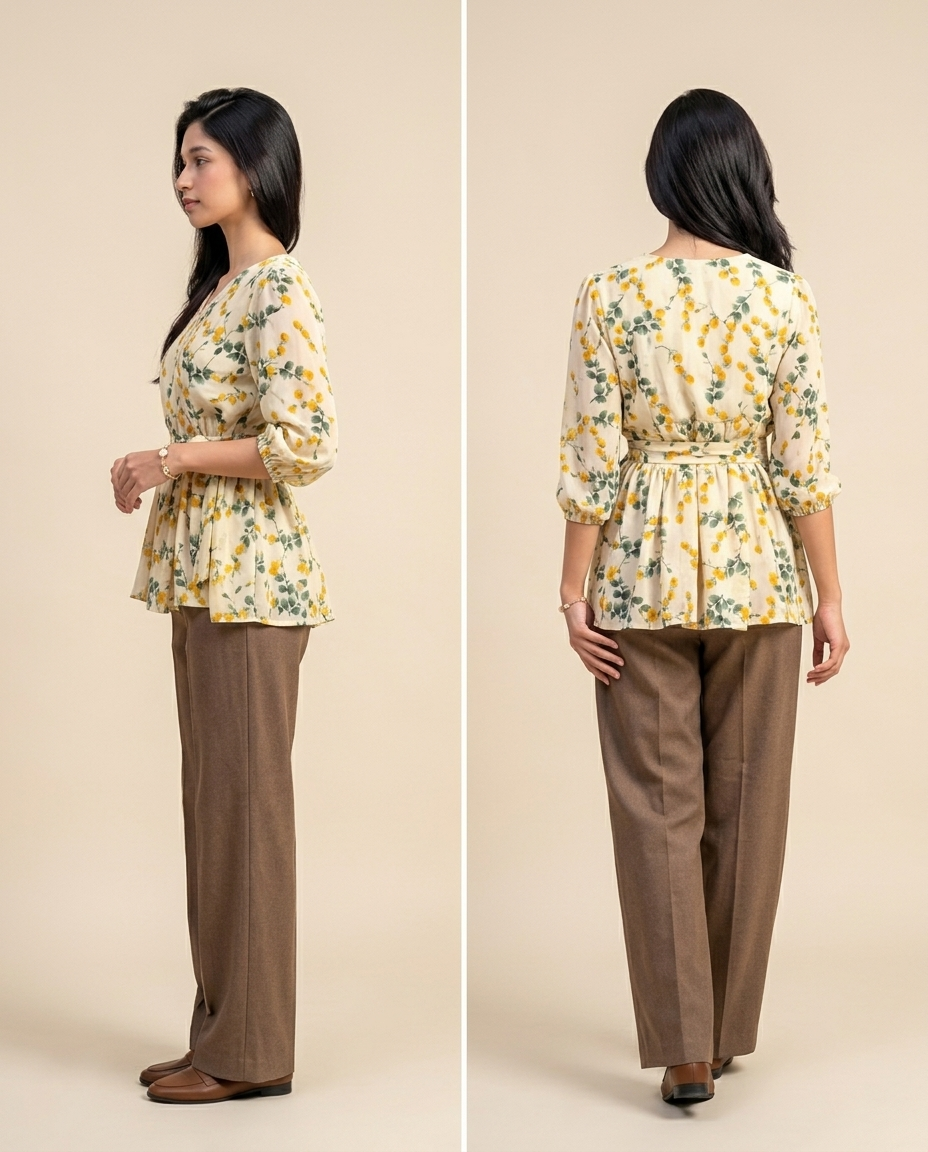 Ladies Floral Printed Crisscross Tie Front Tops -Beige