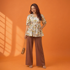 Floral Printed Crisscross Tie Front tops -Cream