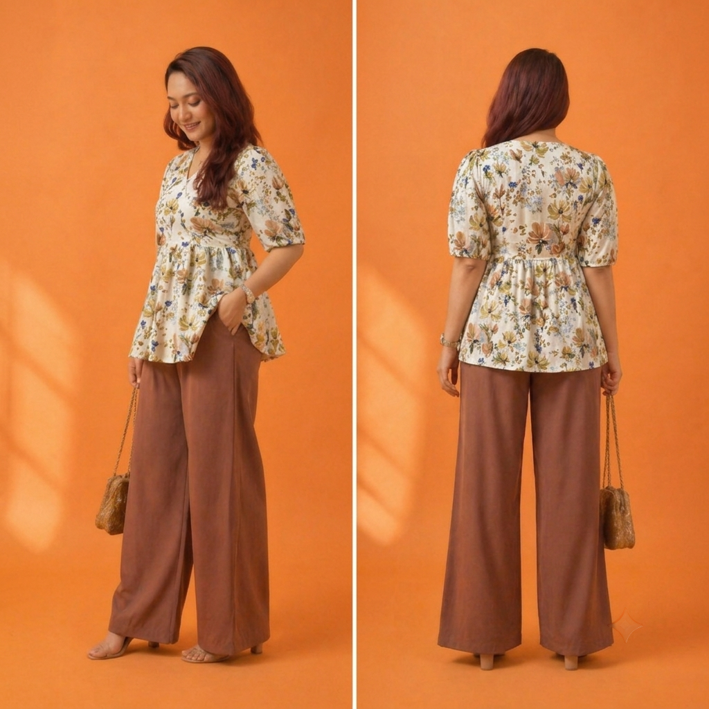 Floral Printed Crisscross Tie Front tops -Cream