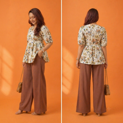 Floral Printed Crisscross Tie Front tops -Cream