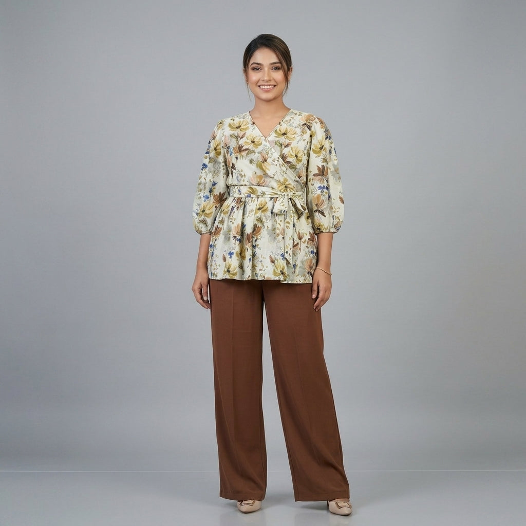 Floral Printed Crisscross Tie Front tops -Cream