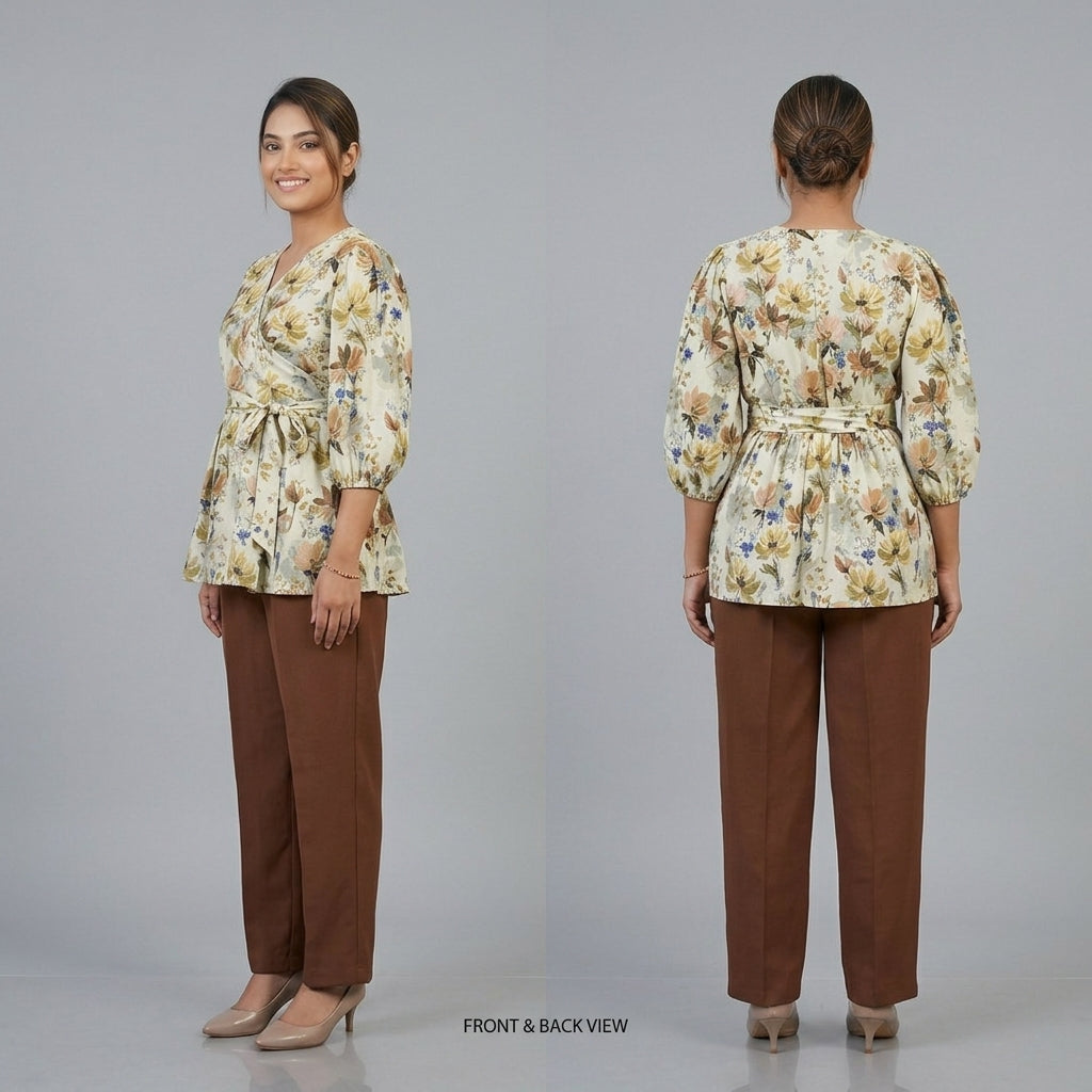 Floral Printed Crisscross Tie Front tops -Cream