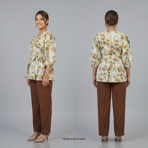 Floral Printed Crisscross Tie Front tops -Cream