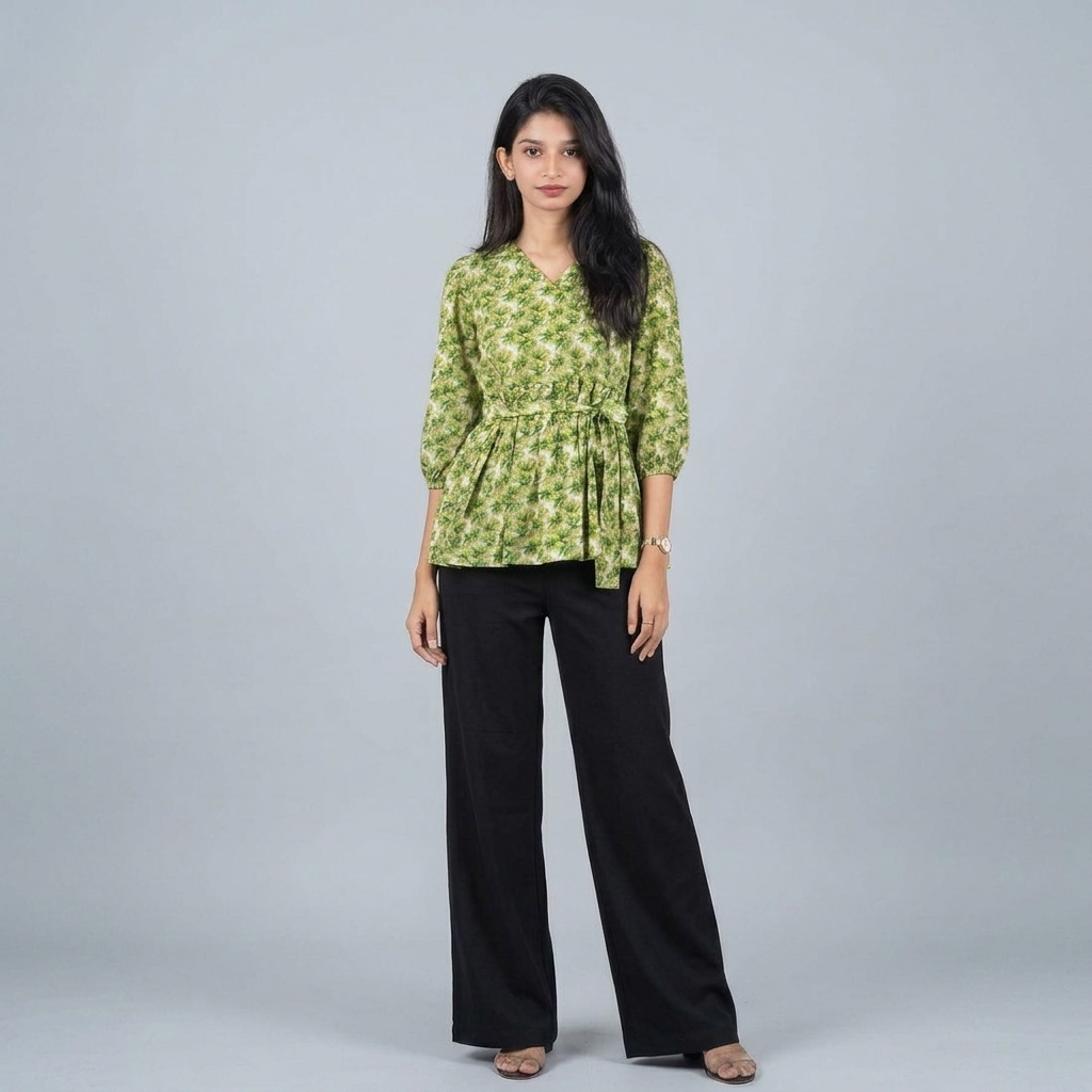 Floral Printed Crisscross Tie Front Tops -Olive