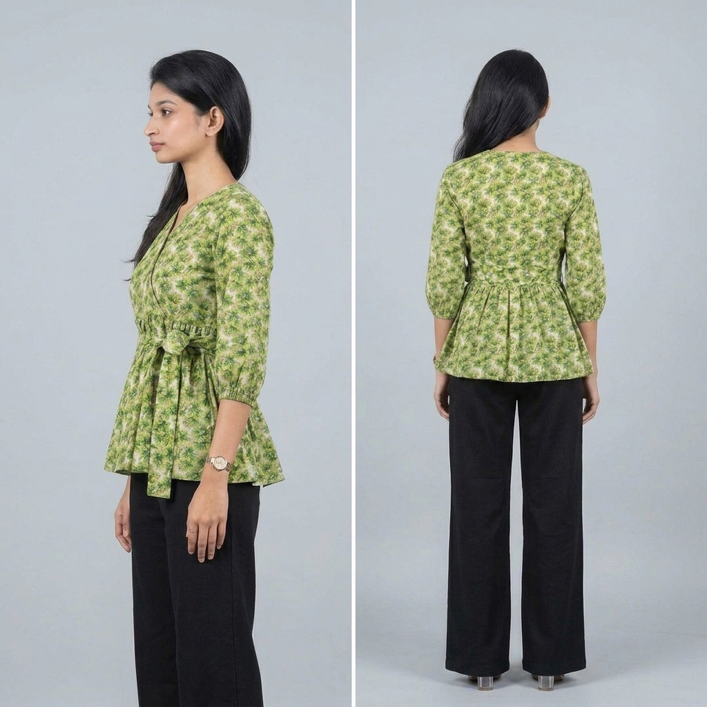 Floral Printed Crisscross Tie Front Tops -Olive