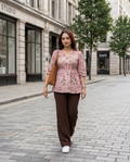 Ladies Floral Printed Crisscross Tie Front Tops- Pink Onion