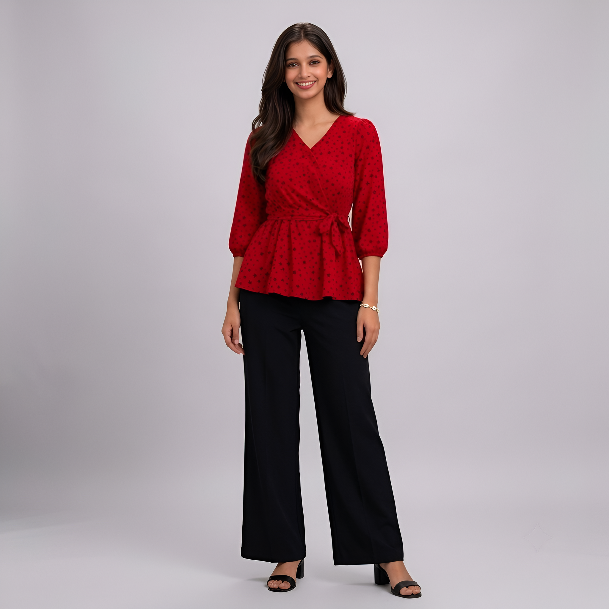 Ladies Floral Printed Crisscross Tie Front tops -Red