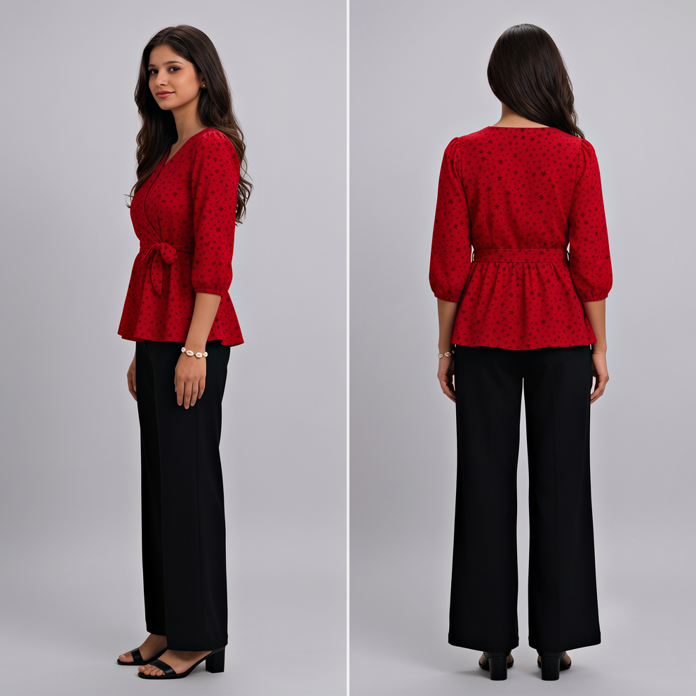 Ladies Floral Printed Crisscross Tie Front tops -Red