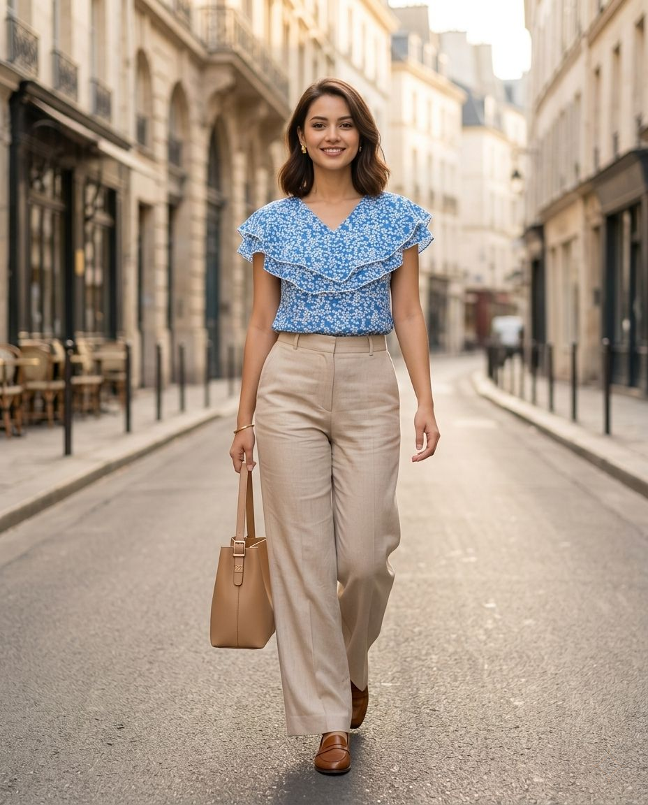 Ladies Floral Printed Double Tops -Blue