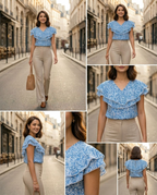 Ladies Floral Printed Double Tops -Blue