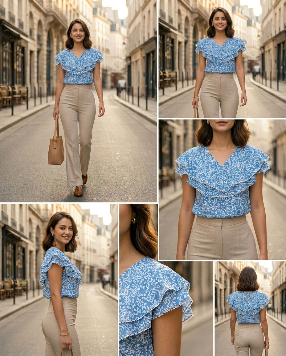 Ladies Floral Printed Double Tops -Blue