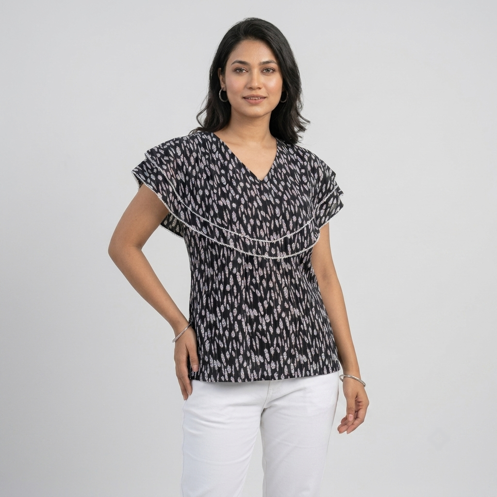 Ladies Floral Printed Double Tops -Black