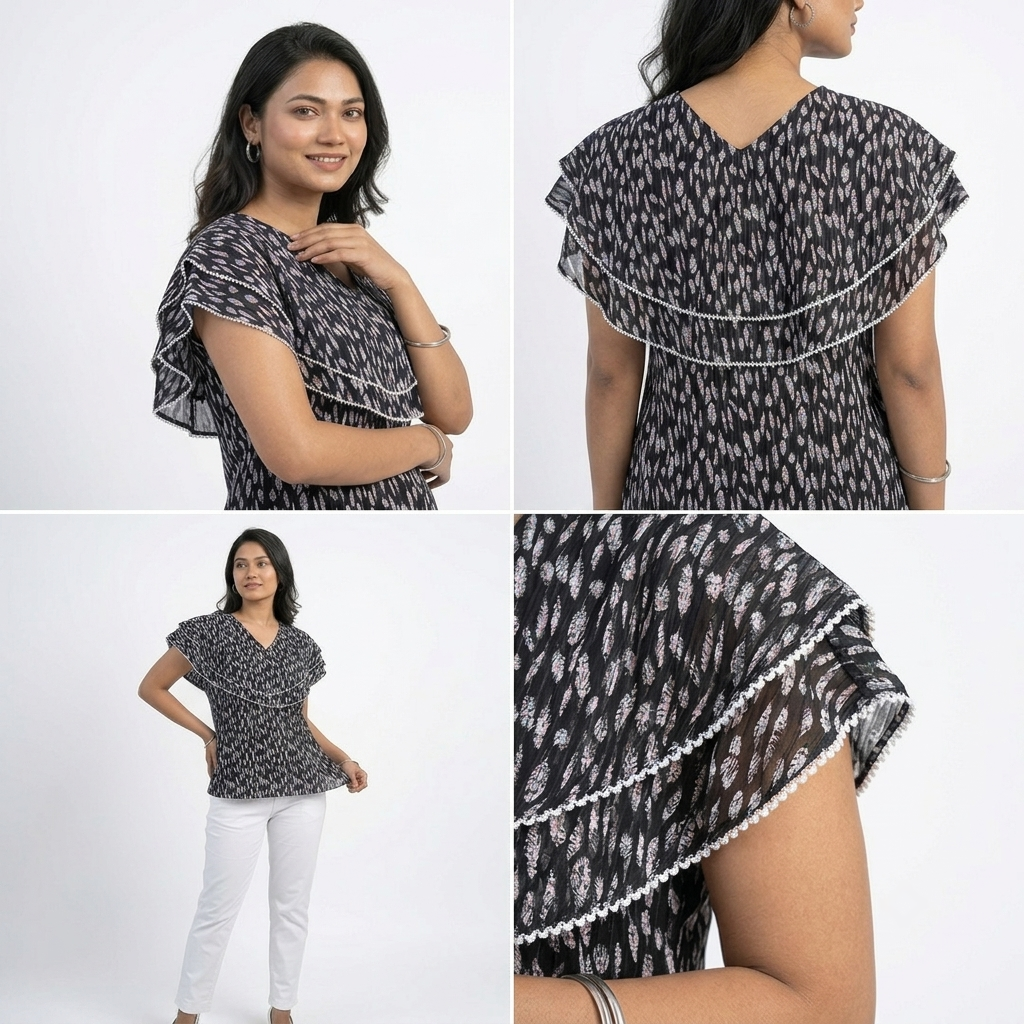 Ladies Floral Printed Double Tops -Black