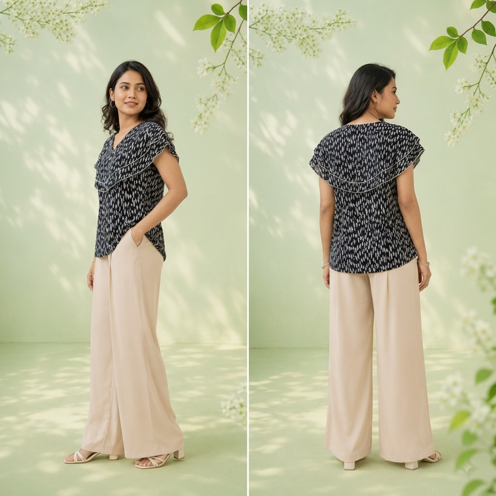 Ladies Floral Printed Double Tops -Black