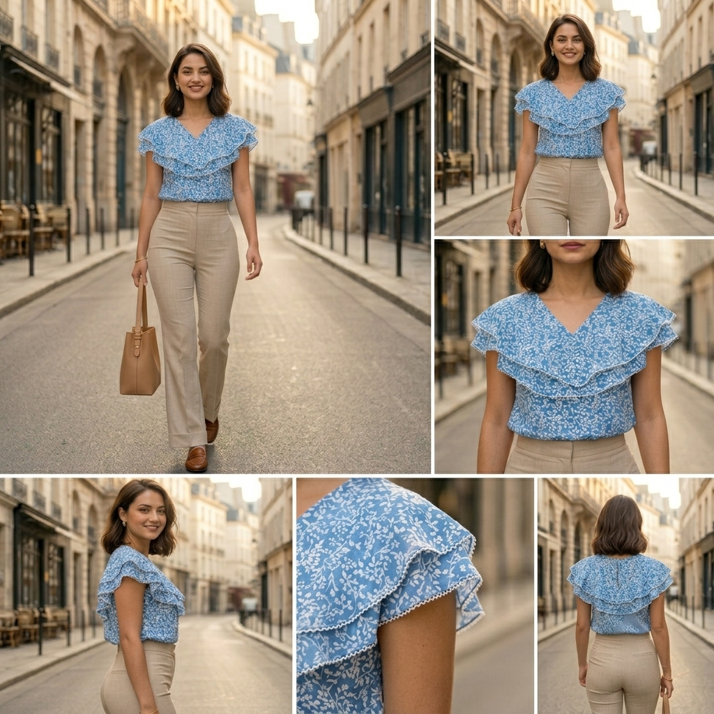 Ladies Floral Printed Double Tops -Blue