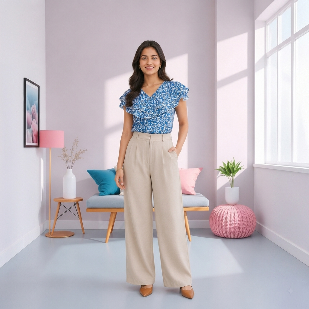 Ladies Floral Printed Double Tops -Blue